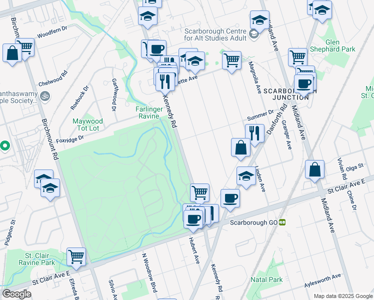 map of restaurants, bars, coffee shops, grocery stores, and more near 555 Kennedy Road in Toronto