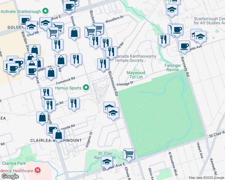map of restaurants, bars, coffee shops, grocery stores, and more near 692 Birchmount Road in Toronto