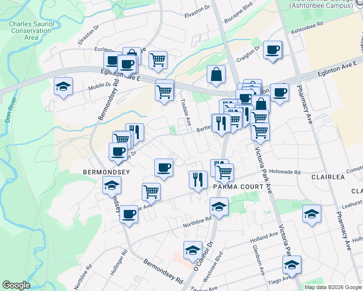 map of restaurants, bars, coffee shops, grocery stores, and more near in Toronto