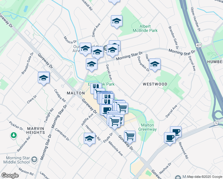 map of restaurants, bars, coffee shops, grocery stores, and more near 7295 Darcel Avenue in Mississauga