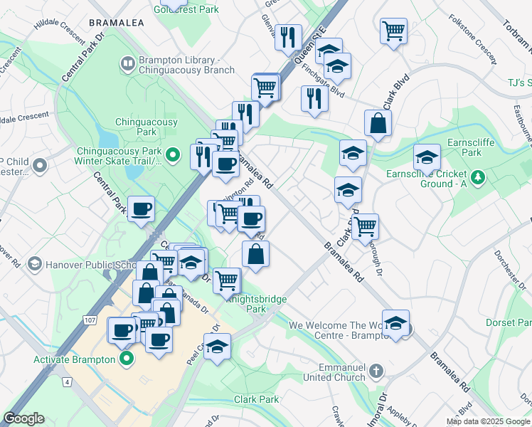 map of restaurants, bars, coffee shops, grocery stores, and more near 55 Bramalea Road in Brampton