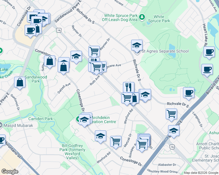 map of restaurants, bars, coffee shops, grocery stores, and more near 4642 Silverstream Road in Brampton