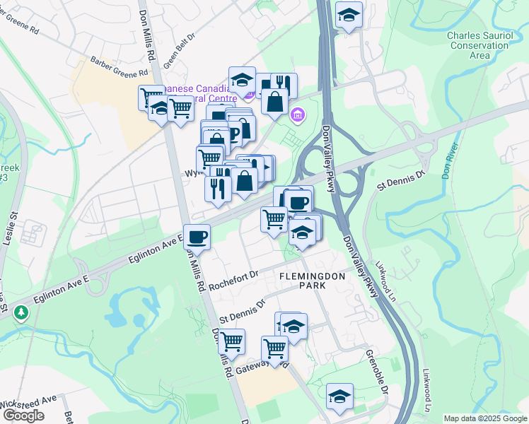 map of restaurants, bars, coffee shops, grocery stores, and more near 79 Ferrand Drive in Toronto