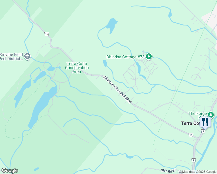 map of restaurants, bars, coffee shops, grocery stores, and more near 14294 Winston Churchill Boulevard in Regional Municipality of Peel