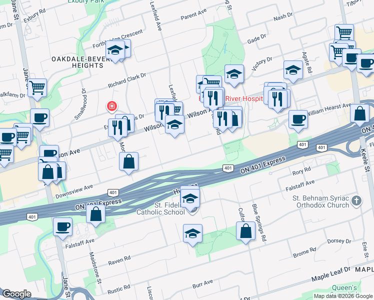 map of restaurants, bars, coffee shops, grocery stores, and more near 34 Highview Avenue in Toronto