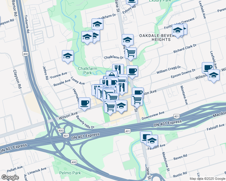 map of restaurants, bars, coffee shops, grocery stores, and more near 1700 Wilson Avenue in Toronto