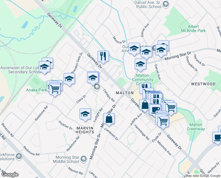 map of restaurants, bars, coffee shops, grocery stores, and more near 7440 Goreway Drive in Mississauga