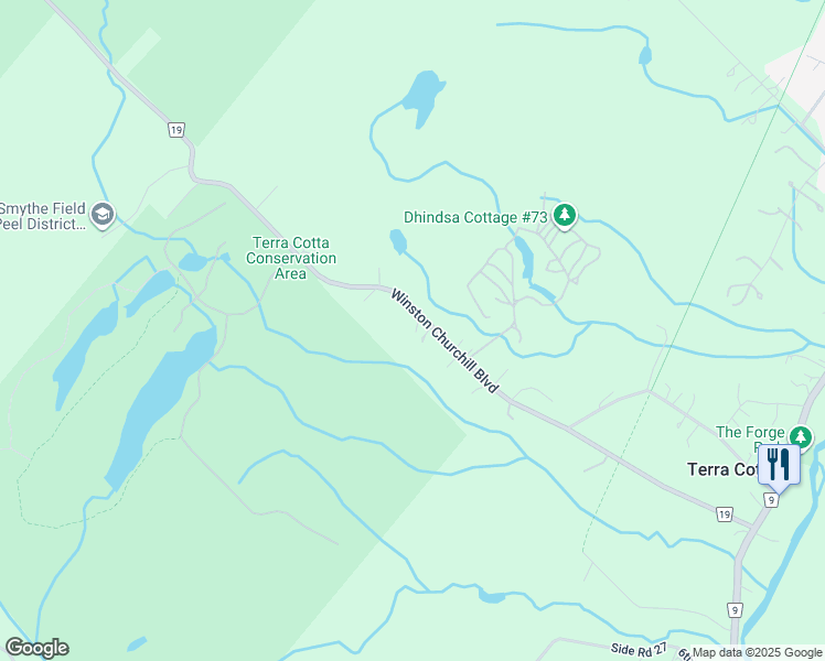 map of restaurants, bars, coffee shops, grocery stores, and more near 14294 Winston Churchill Boulevard in Regional Municipality of Peel