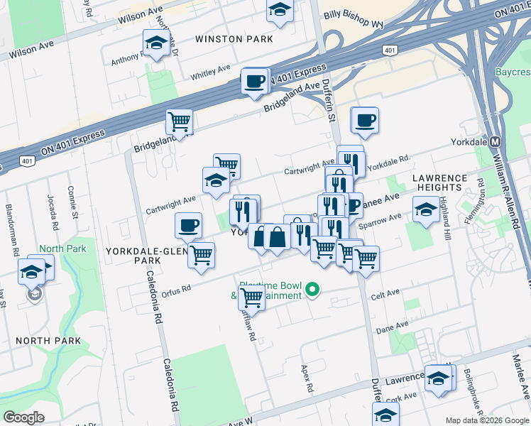 map of restaurants, bars, coffee shops, grocery stores, and more near in Toronto