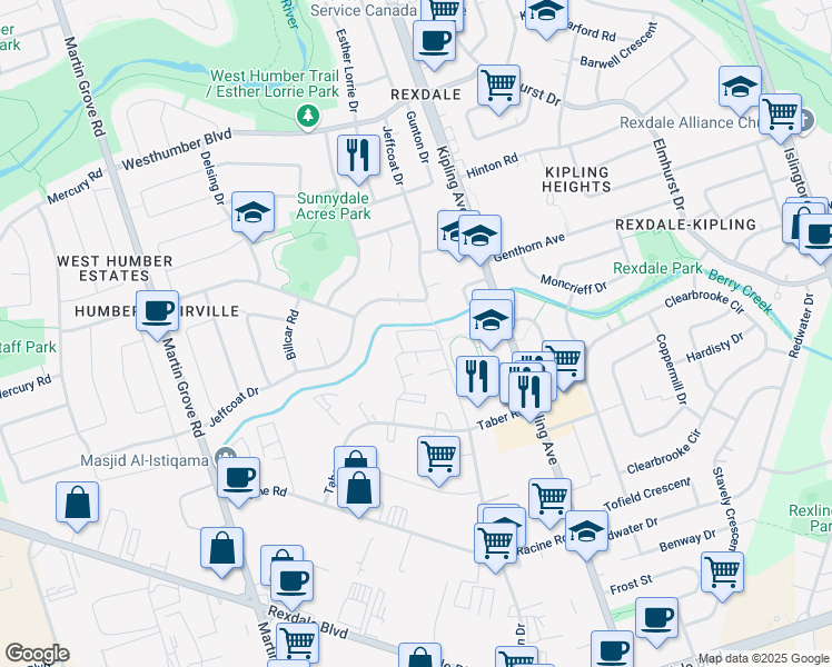 map of restaurants, bars, coffee shops, grocery stores, and more near 100 Brydon Drive in Toronto
