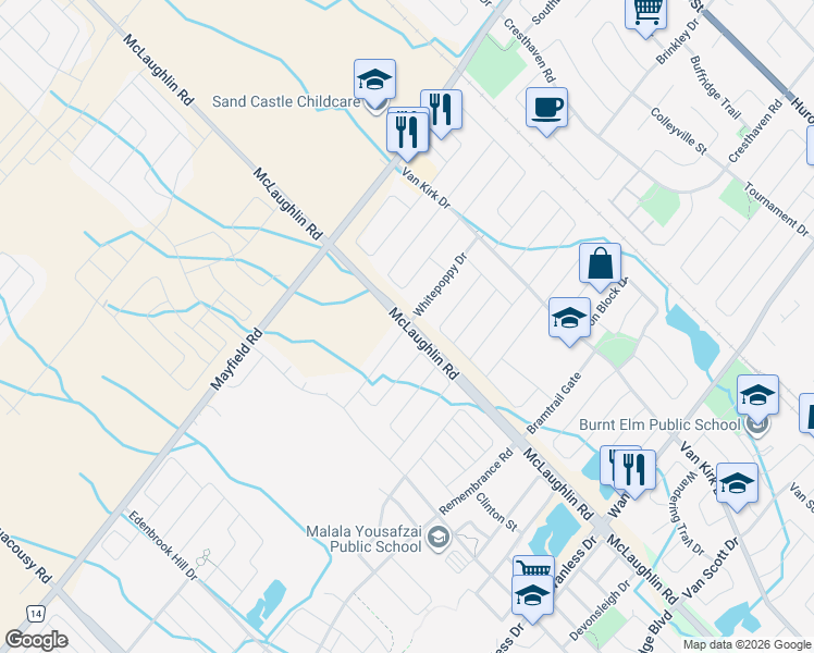map of restaurants, bars, coffee shops, grocery stores, and more near 11678 McLaughlin Road in Brampton