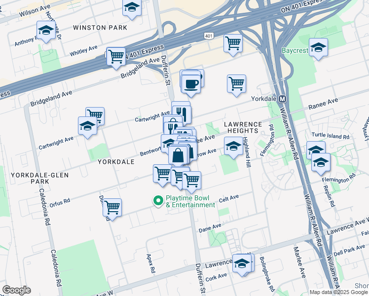 map of restaurants, bars, coffee shops, grocery stores, and more near in Toronto