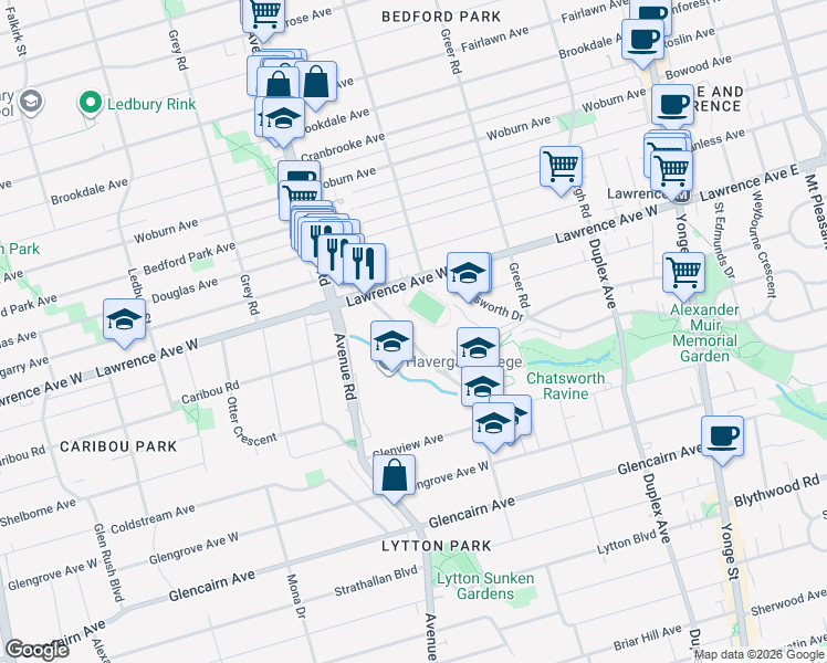 map of restaurants, bars, coffee shops, grocery stores, and more near 481 Rosewell Avenue in Toronto