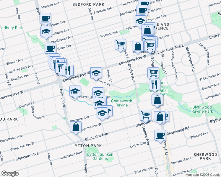 map of restaurants, bars, coffee shops, grocery stores, and more near in Toronto