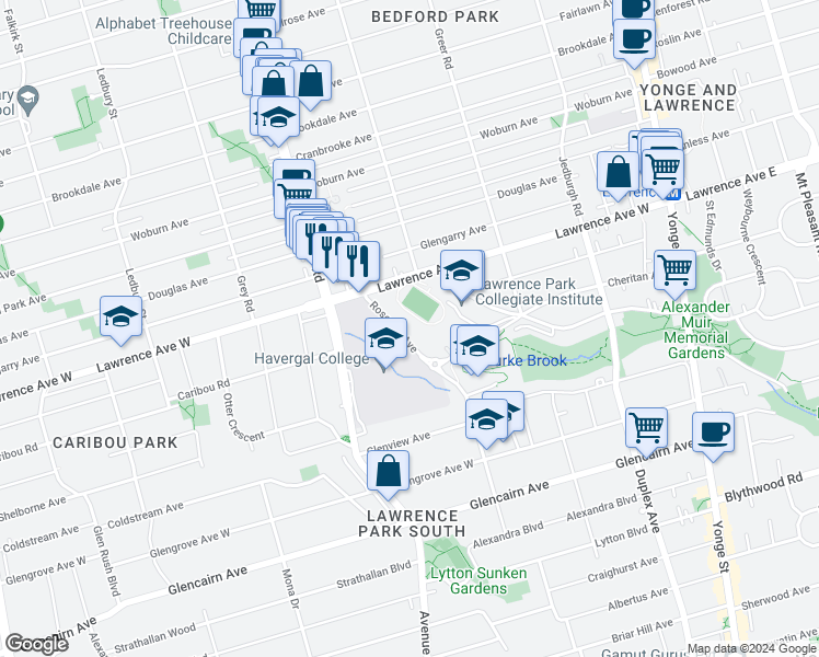 map of restaurants, bars, coffee shops, grocery stores, and more near 485 Rosewell Avenue in Toronto