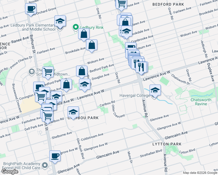 map of restaurants, bars, coffee shops, grocery stores, and more near 360B Lawrence Avenue West in Toronto
