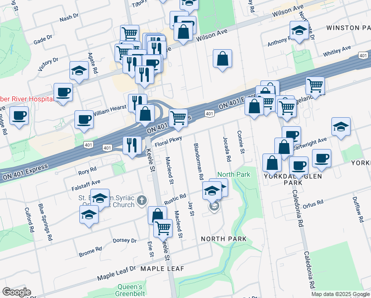 map of restaurants, bars, coffee shops, grocery stores, and more near in Toronto