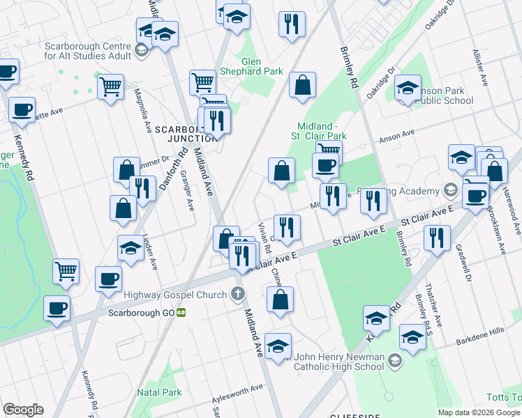 map of restaurants, bars, coffee shops, grocery stores, and more near 47 Vivian Road in Toronto