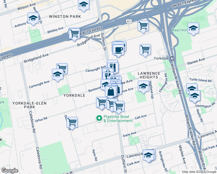 map of restaurants, bars, coffee shops, grocery stores, and more near in Toronto