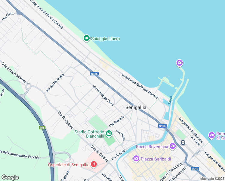map of restaurants, bars, coffee shops, grocery stores, and more near 192 Via Raffaello Sanzio in Senigallia