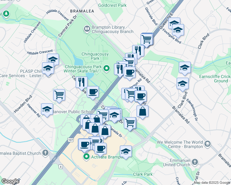 map of restaurants, bars, coffee shops, grocery stores, and more near 10 Kensington Road in Brampton
