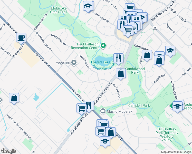 map of restaurants, bars, coffee shops, grocery stores, and more near 75 Lakecrest Trail in Brampton