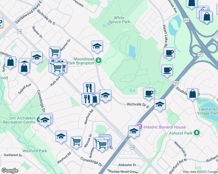 map of restaurants, bars, coffee shops, grocery stores, and more near 72 Upper Highlands Drive in Brampton