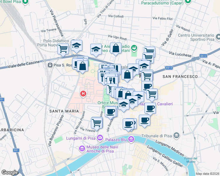 map of restaurants, bars, coffee shops, grocery stores, and more near 177 Via Santa Maria in Pisa