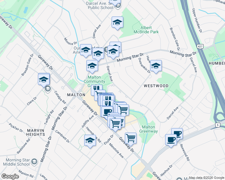 map of restaurants, bars, coffee shops, grocery stores, and more near 7280 Darcel Avenue in Mississauga