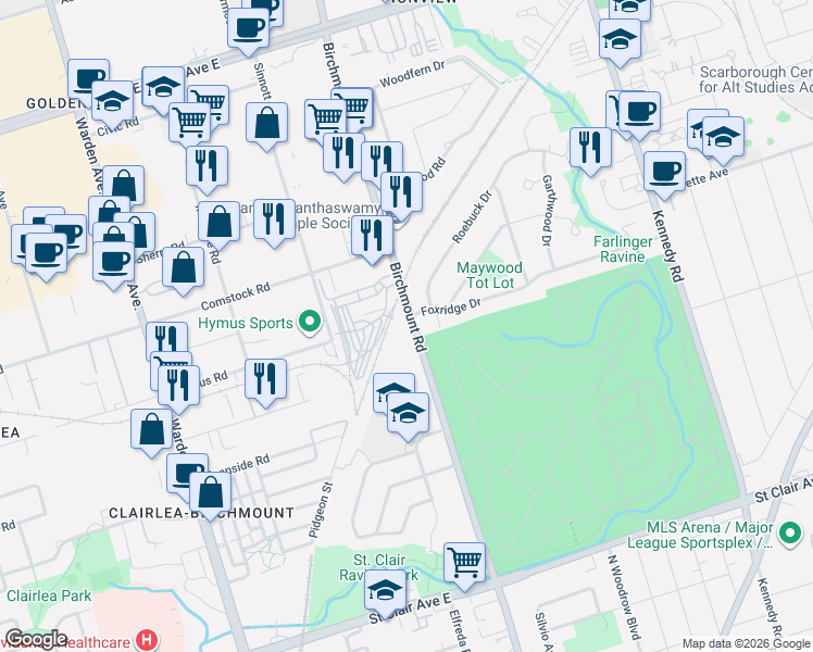 map of restaurants, bars, coffee shops, grocery stores, and more near 694 Birchmount Road in Toronto