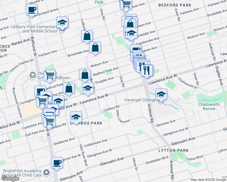 map of restaurants, bars, coffee shops, grocery stores, and more near 360A Lawrence Avenue West in Toronto
