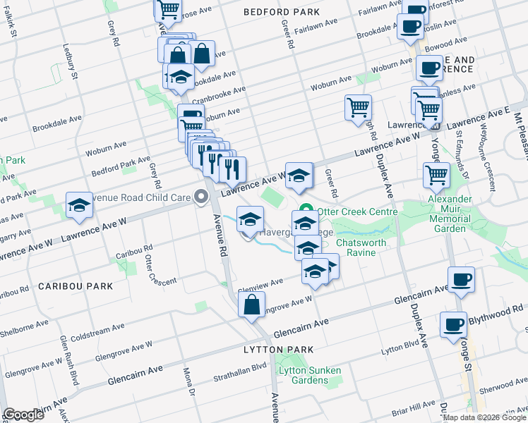 map of restaurants, bars, coffee shops, grocery stores, and more near 481 Rosewell Avenue in Toronto