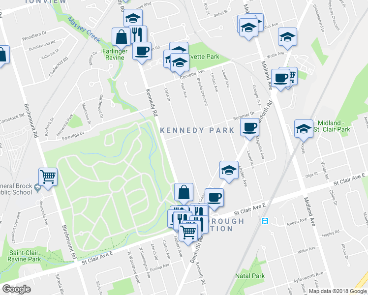 map of restaurants, bars, coffee shops, grocery stores, and more near 55 Cleta Drive in Toronto
