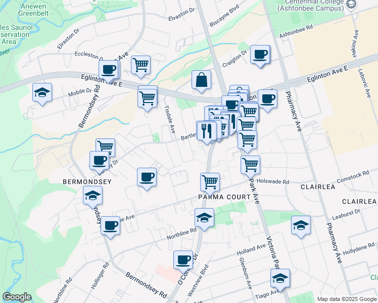 map of restaurants, bars, coffee shops, grocery stores, and more near in Toronto