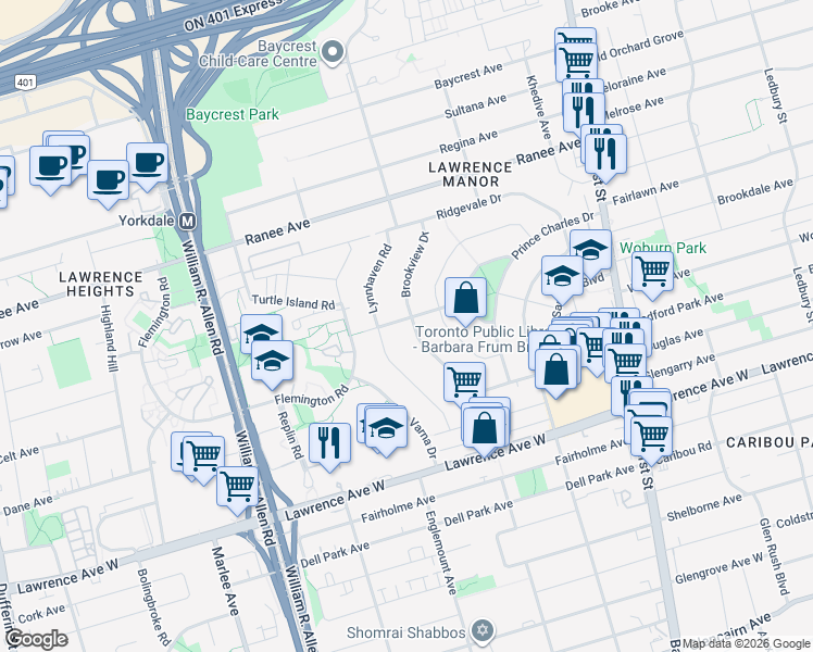 map of restaurants, bars, coffee shops, grocery stores, and more near 29 Rondale Boulevard in Toronto