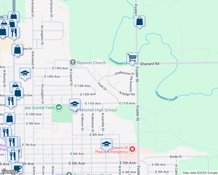 map of restaurants, bars, coffee shops, grocery stores, and more near 1400-1420 North Ridge Road in Mitchell