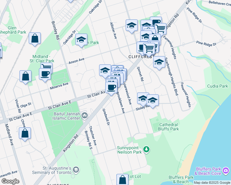 map of restaurants, bars, coffee shops, grocery stores, and more near in Toronto