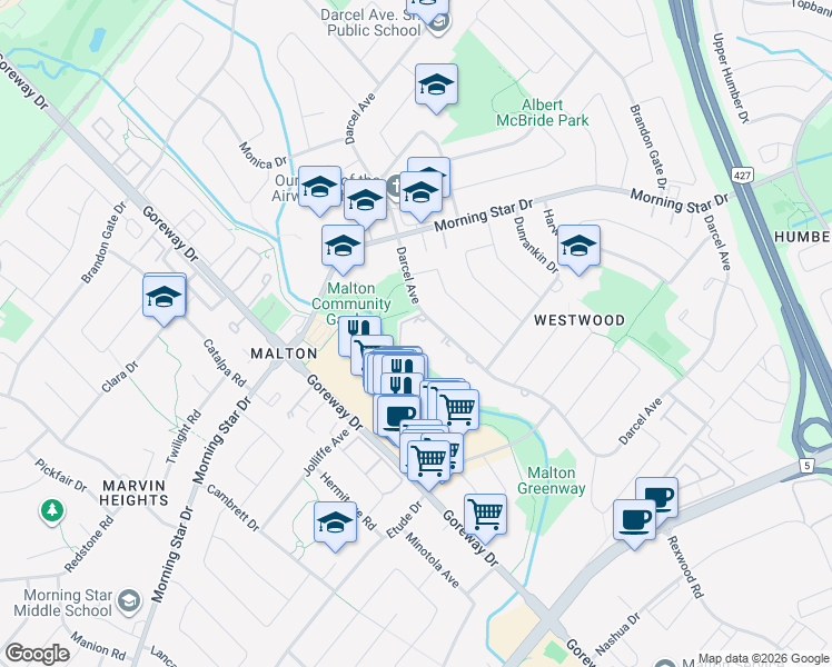 map of restaurants, bars, coffee shops, grocery stores, and more near 7280 Darcel Avenue in Mississauga