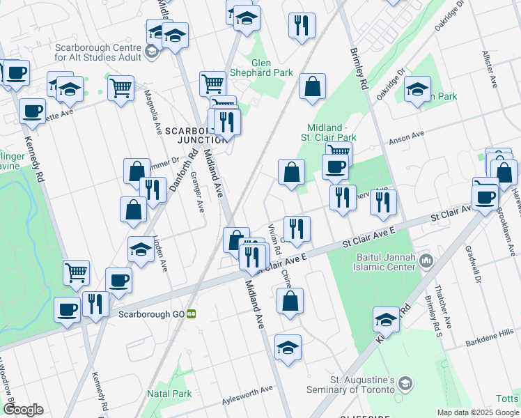 map of restaurants, bars, coffee shops, grocery stores, and more near 54 Vivian Road in Toronto