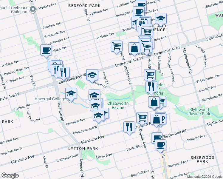 map of restaurants, bars, coffee shops, grocery stores, and more near 81 Cheritan Avenue in Toronto