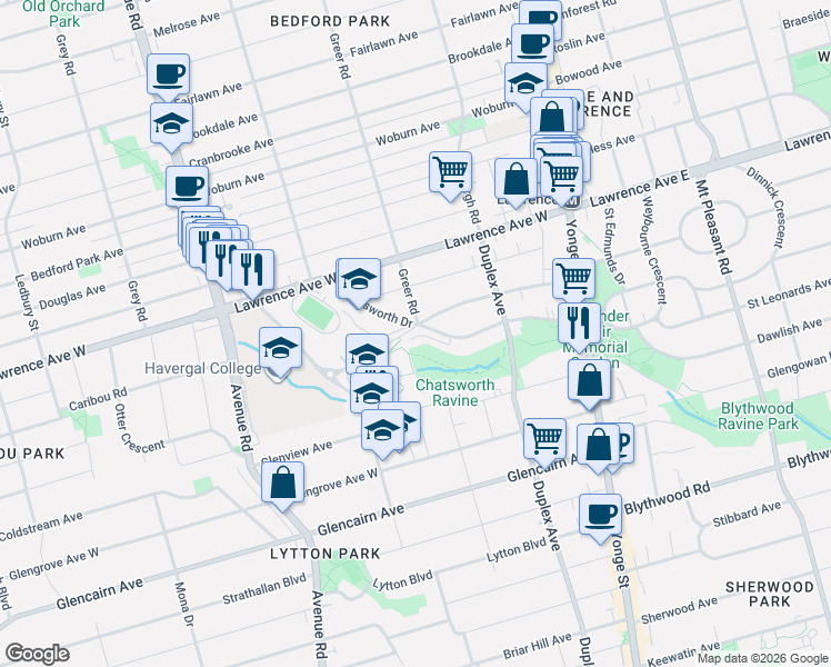 map of restaurants, bars, coffee shops, grocery stores, and more near in Toronto