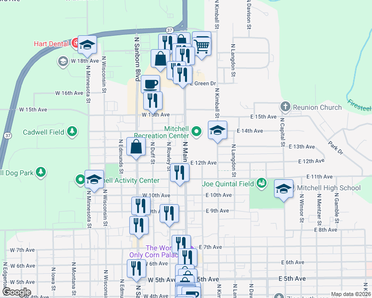 map of restaurants, bars, coffee shops, grocery stores, and more near 1300-1386 North Main Street in Mitchell