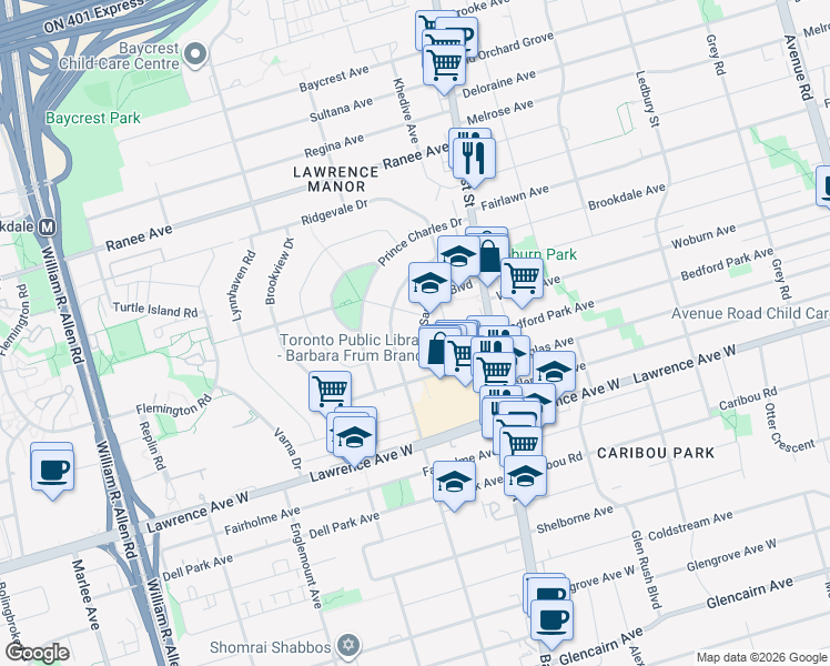 map of restaurants, bars, coffee shops, grocery stores, and more near 14 Saranac Boulevard in Toronto