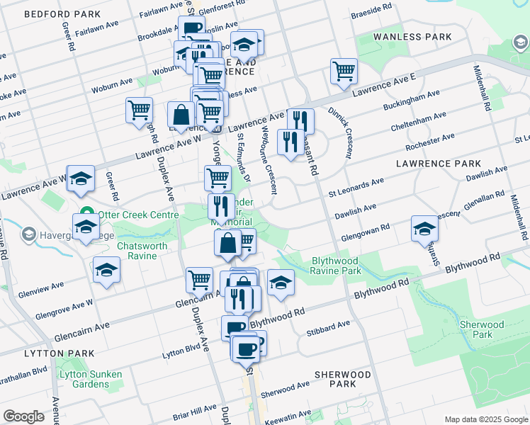 map of restaurants, bars, coffee shops, grocery stores, and more near 8 Dawlish Avenue in Toronto