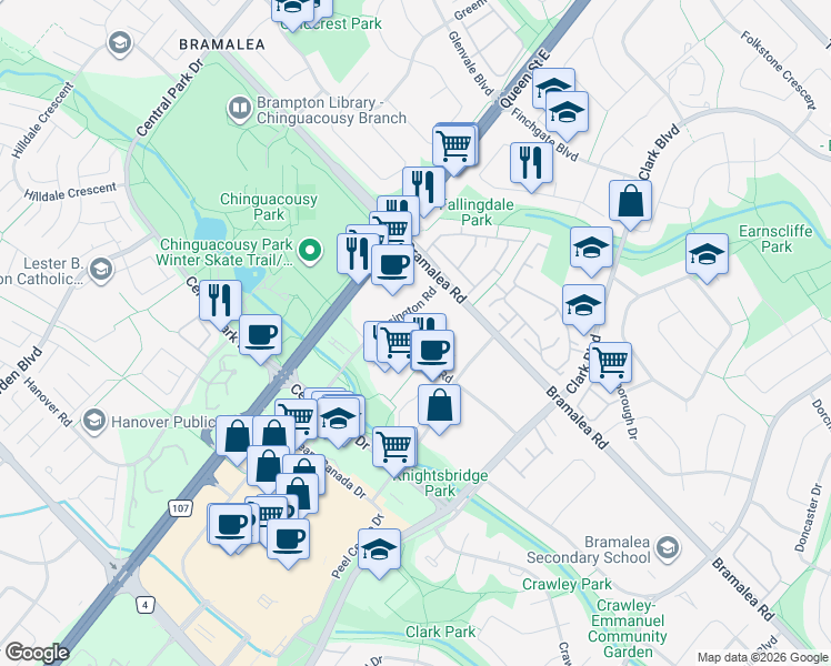 map of restaurants, bars, coffee shops, grocery stores, and more near 15 Kensington Road in Brampton