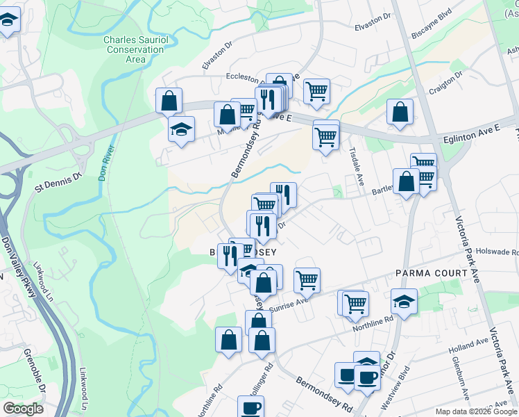 map of restaurants, bars, coffee shops, grocery stores, and more near 186 Bartley Drive in Toronto