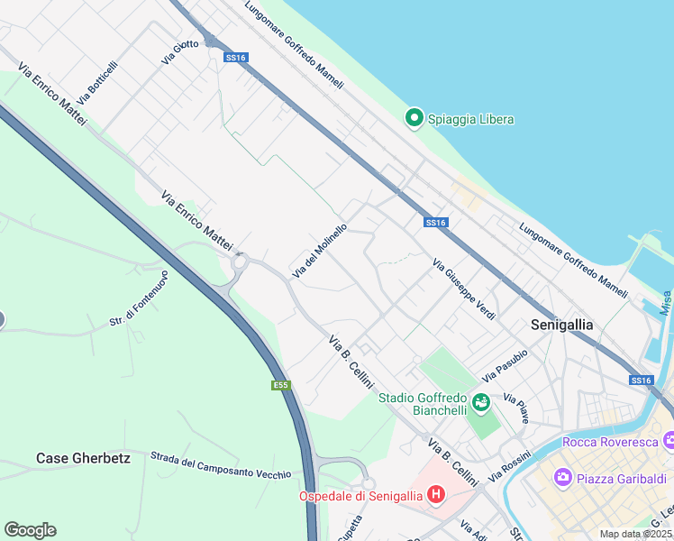 map of restaurants, bars, coffee shops, grocery stores, and more near 53 Via Francesco Pierelli in Senigallia