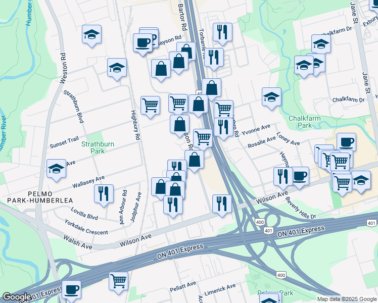 map of restaurants, bars, coffee shops, grocery stores, and more near 70 Clayson Road in Toronto