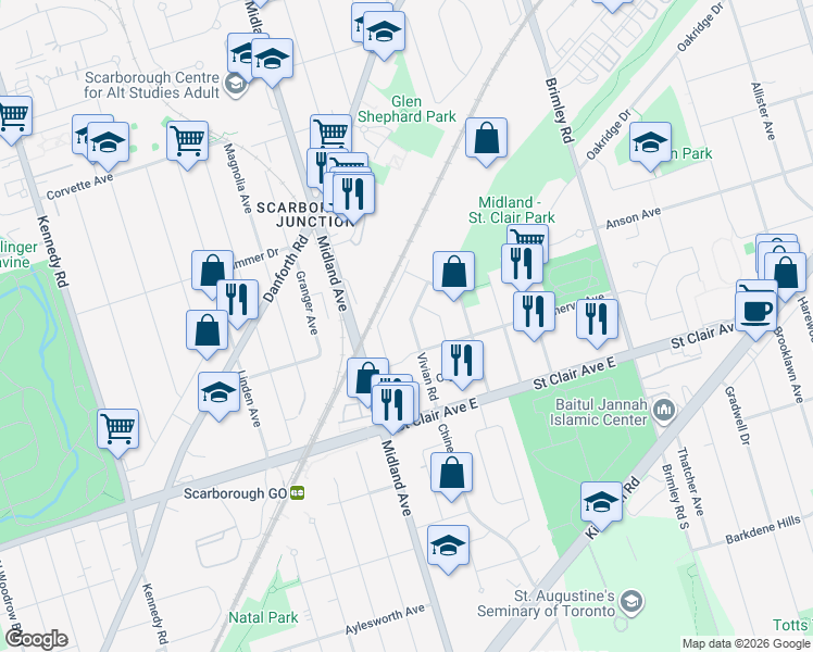map of restaurants, bars, coffee shops, grocery stores, and more near 56 Vivian Road in Toronto