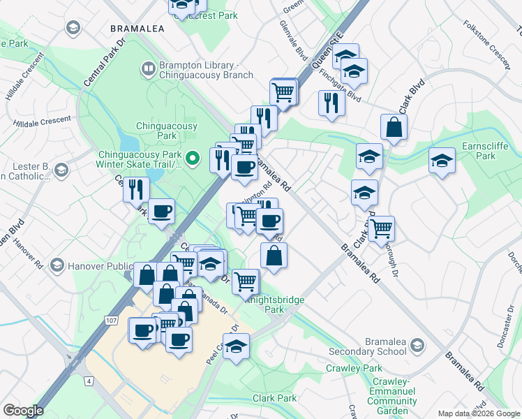 map of restaurants, bars, coffee shops, grocery stores, and more near 25 Kensington Road in Brampton